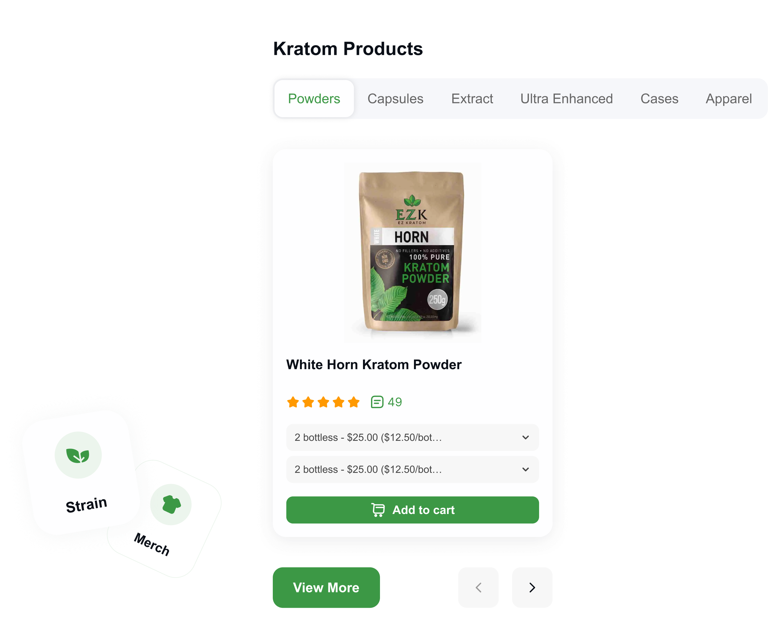 Kratom Products screen with Strain and Merch category tiles