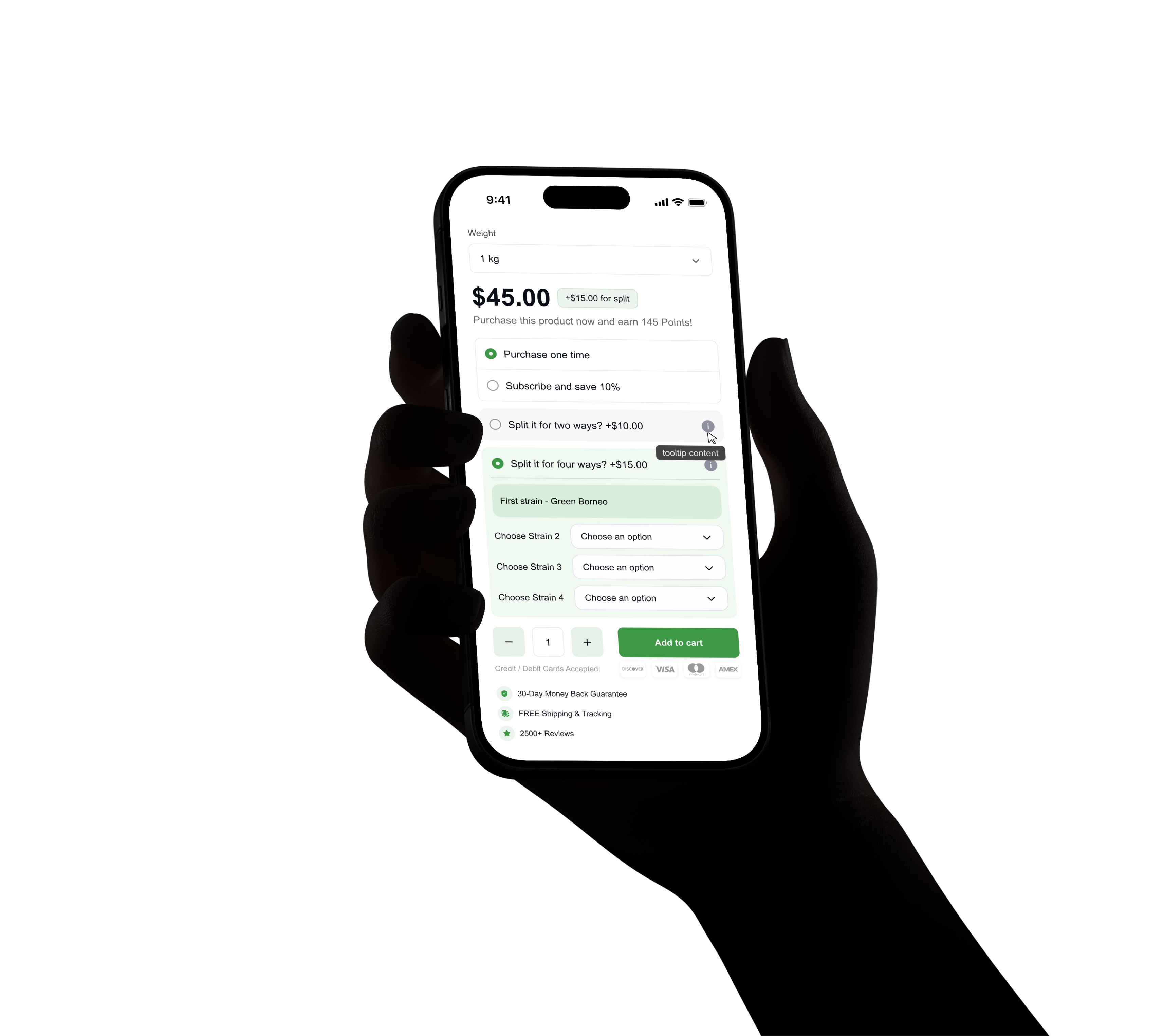 Hand holding phone — kratom product cart with $45.00