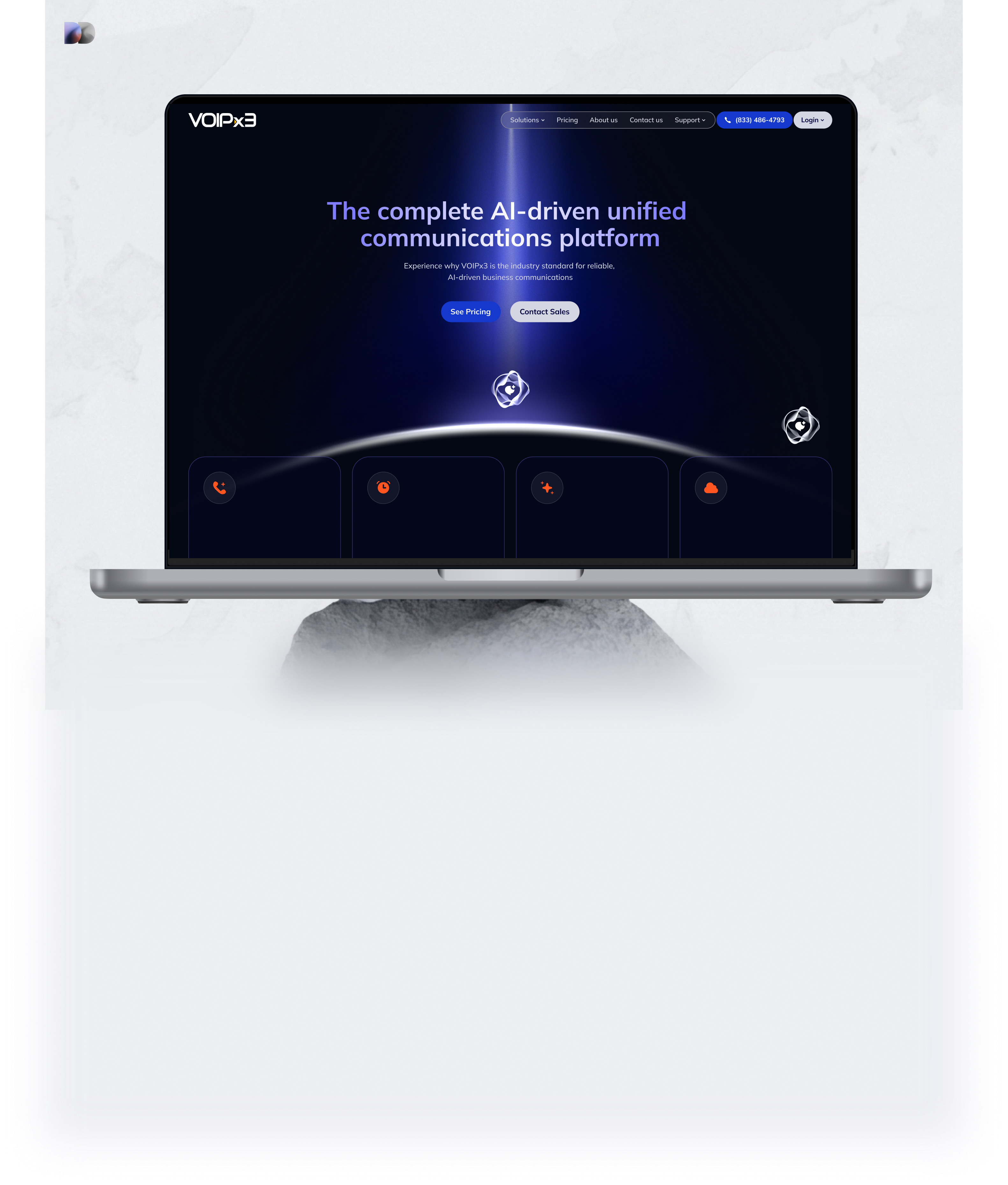 VOIPx3 hero with MacBook mockup of the platform homepage